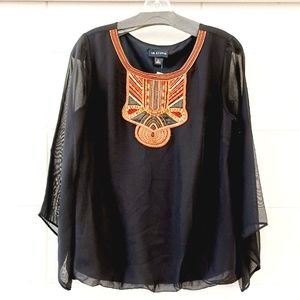 EMBROIDERED Flared Long Sleeve Chiffon Scoup Neck Top by I.N. Studio NWT